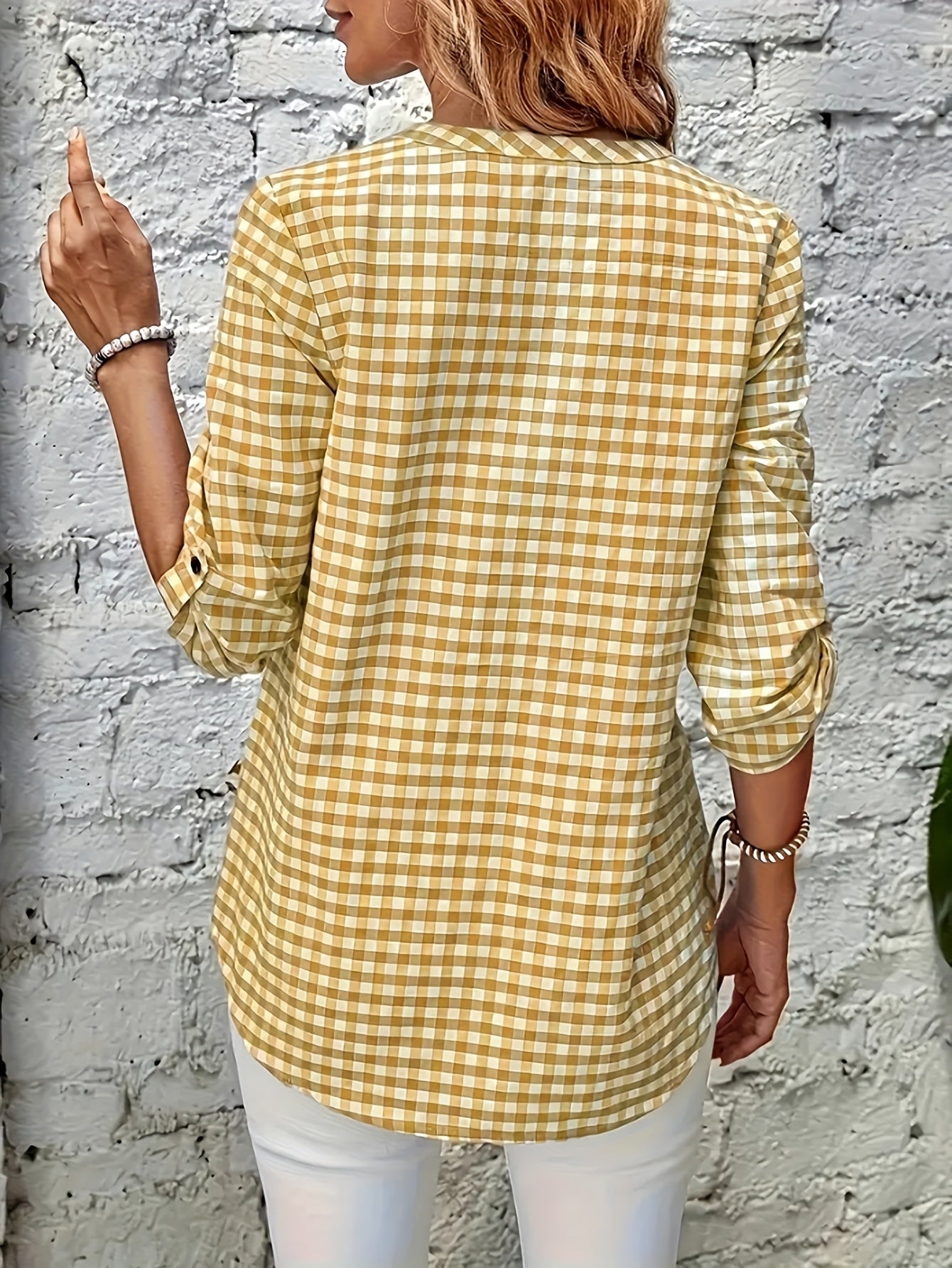 Women'S Casual Yellow & White Plaid Button-Up Shirt - Polyester, V-Neck, Long Sleeves, Casual Wear, Casual Wear|Plaid Pattern|Polyester Fabric