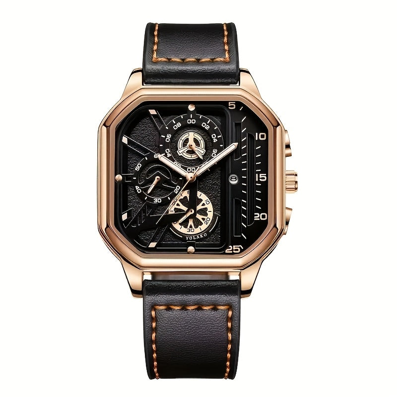 1 Casual Men's Quartz Watch, PU Leather Strap Business Watch Set Suitable for All Occasions, Jewelry Gift for Dad, Boyfriend, Suitable for All Festivals (Box Not Included)