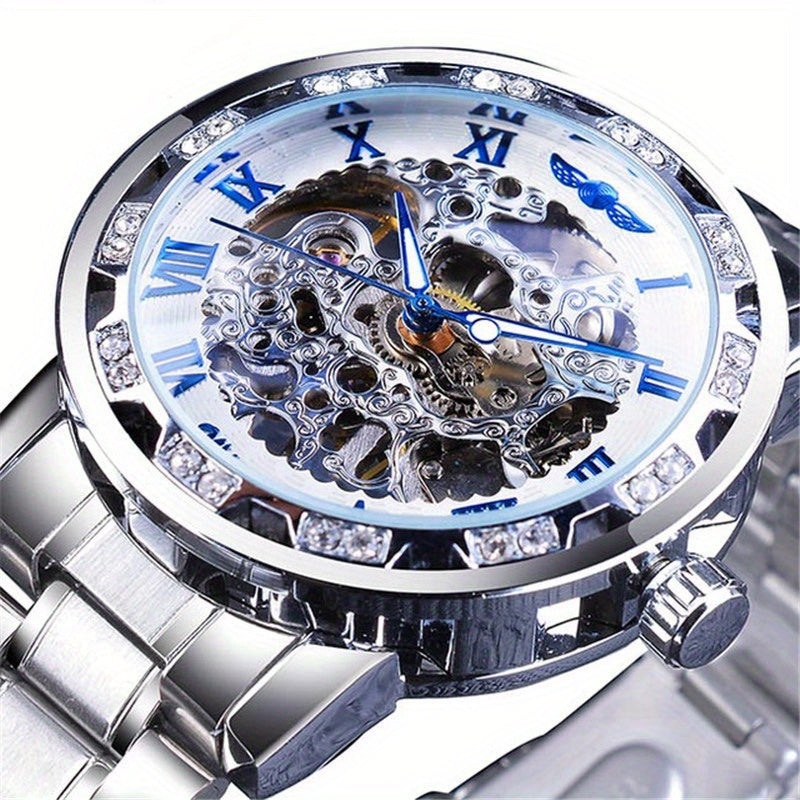 Fashion Classic Roma Watch Men Luxury Golden Skeleton Mechanical Hand Watches Casual Business Wristwatches Men Blue & Golden Accents, Casual Yet Versatile, Best Seller, Ideal Gift, Mechanical Movement, Watch Accessories, With