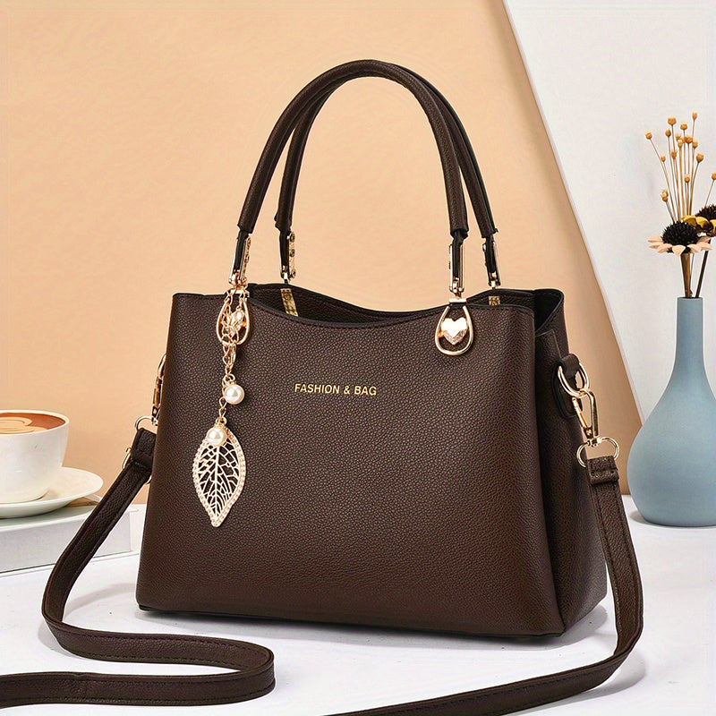 Elegant Wo 's Handbag with Detachable Shoulder Strap, Golden-Tone Hardware & Chic Leaf Charm - Stylish White Satchel for Everyday Use, Casual Chic Bag | Stylish Charm Handbag | Bag