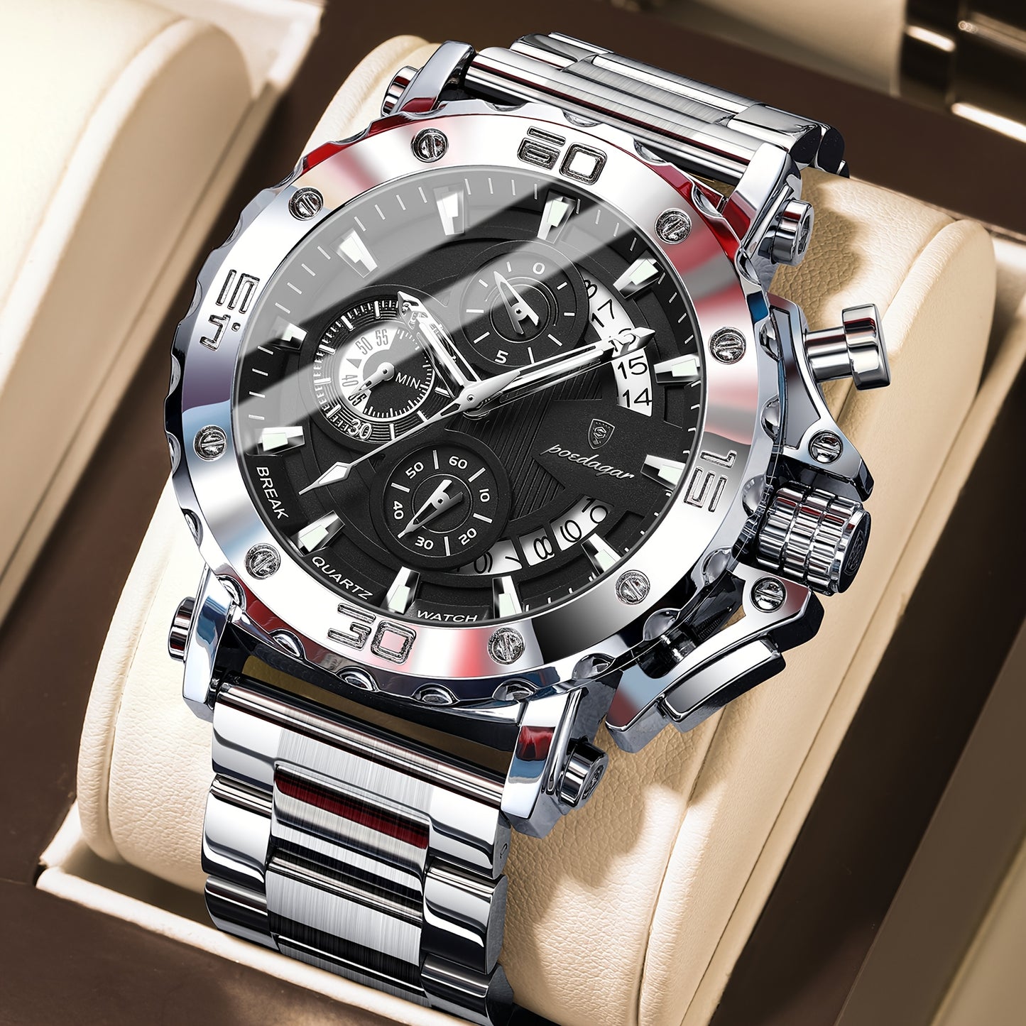 POEDAGAR Men'S Luxury Stainless Steel Business Watch with Date Display, 3ATM Blue Dial, Rotating Bezel, Alloy Case, Quartz Movement - Elegant Formal Accessory, Formal Accessory|Luxurious Watch|Quartz Movement Watch