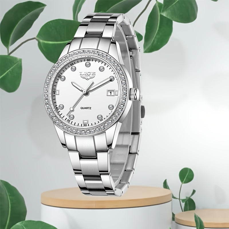 Elegant Pink Women'S Watch - LIGE Quartz Chronograph with Stainless Steel Band, Rhinestone Accents, Date Display & Heart Rate Monitor - Ideal Mother'S Day Gift, Gift for Women | Elegant Timepiece | Quartz Movement, LIGE