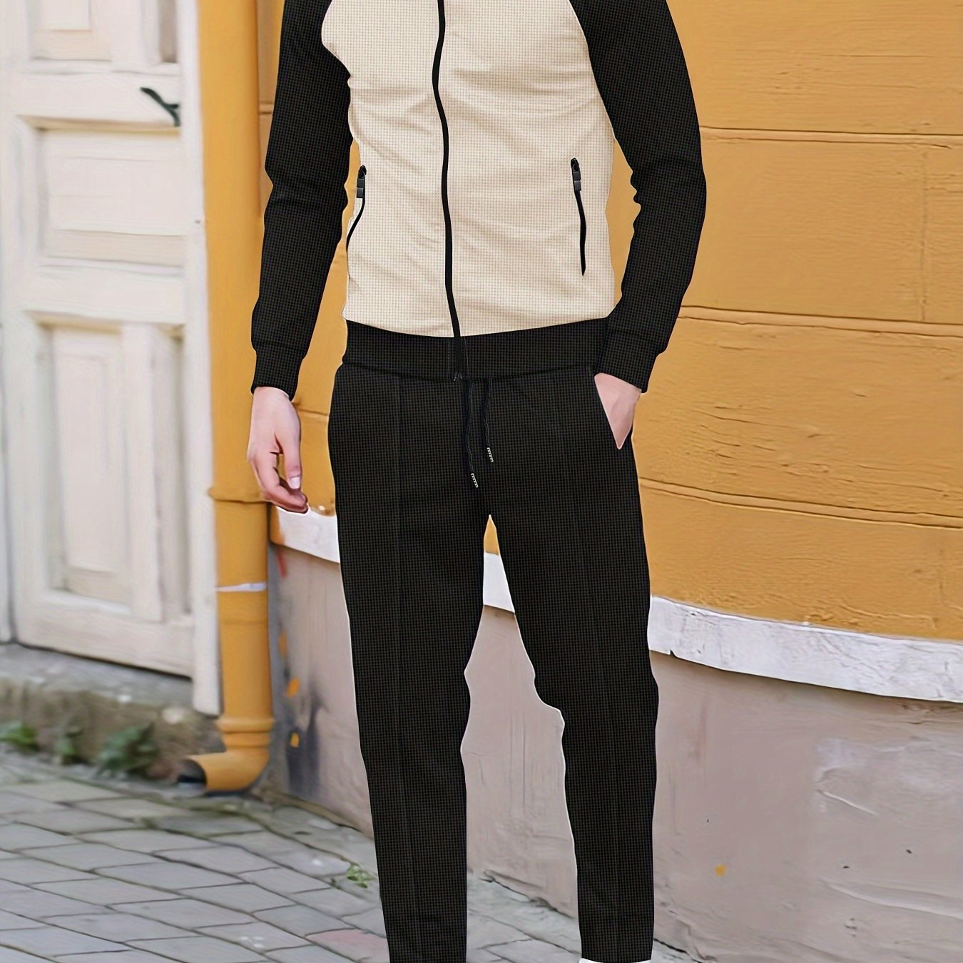 Men's Sporty Color Block Zip-Up Jacket & Joggers Set - Polyester Blend, Perfect for Spring/Fall