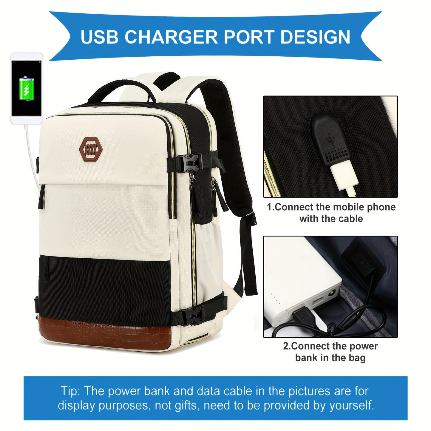 Large Capacity Women'S Travel Backpack with Shoe Compartment, Flight Approved Carry-On, Business Laptop Bag, Polyester Lined, Adjustable Strap, Zipper Closure, Solid White, USB Powered