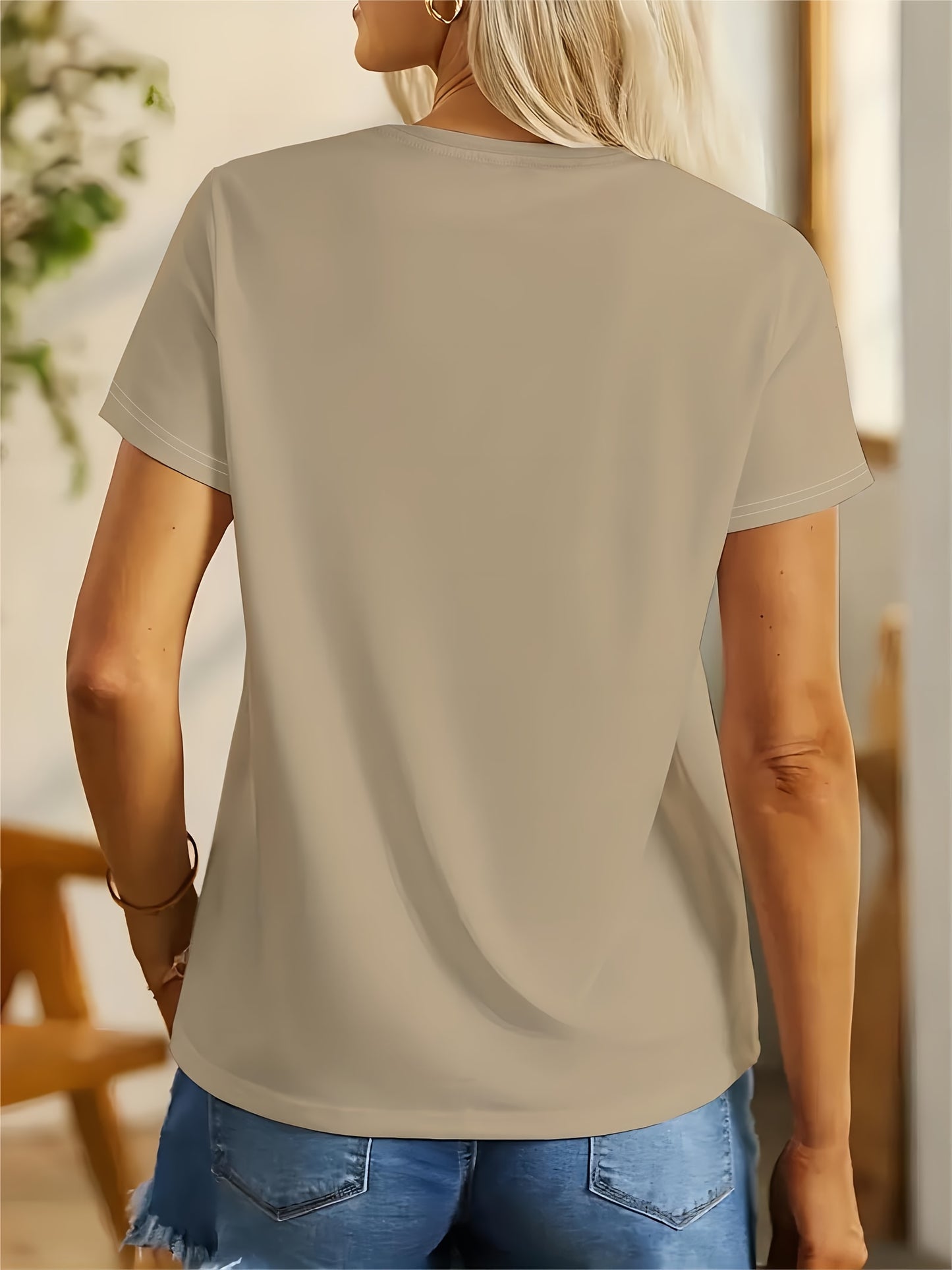 Women's Casual Sport T-Shirt, Round Neck, Heart And Happy Print, Short Sleeve, Soft Knit