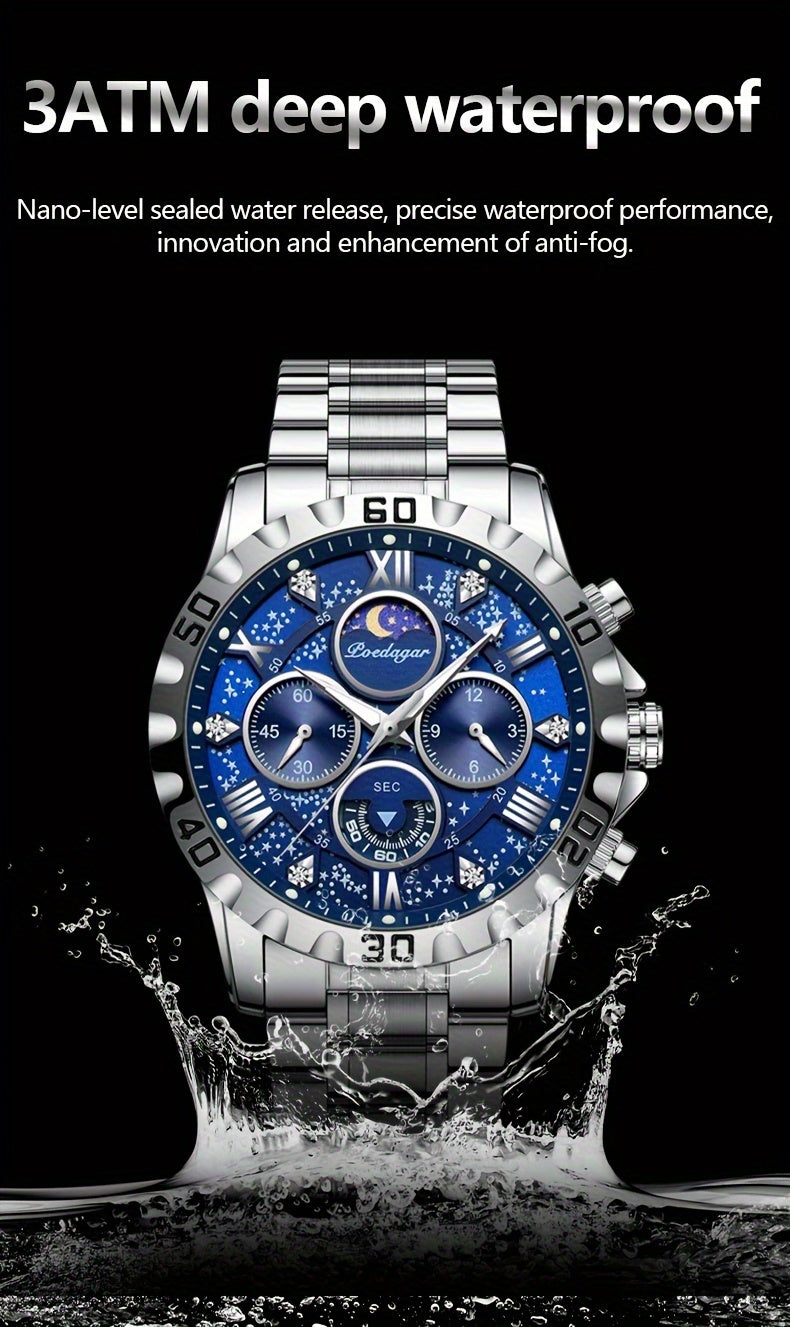 POEDAGAR Men'S Luxury Stainless Steel Quartz Watch with Moon Phase and Calendar - Waterproof, Night-Glow Hands, and Detailed Dial for Business and Formal Attire, Formal Watch | Detailed Watch Face | Quartz Movement