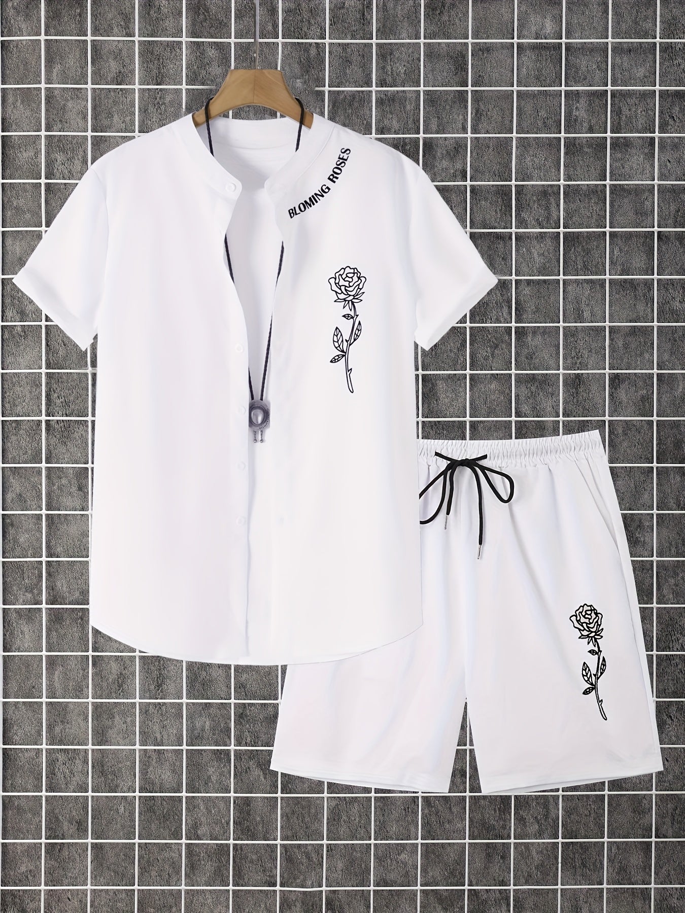 2pcs Printed Men's Summer Short Sleeve Button Shirt and Shorts Set