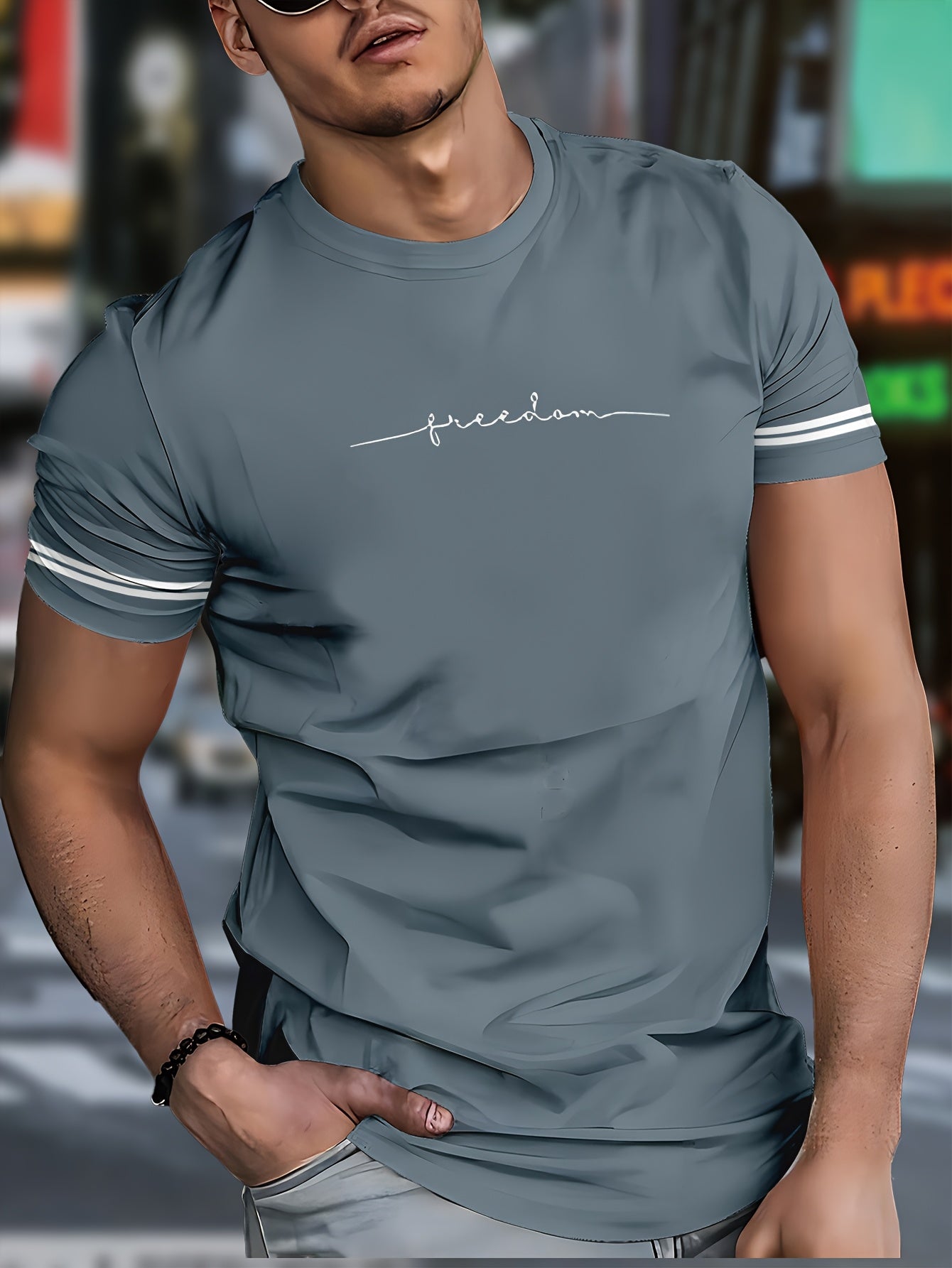 Men'S "Freedom" Graphic T-Shirt - Black Casual Crew Neck Tee with White Stripes, Breathable Polyester Blend, Regular Fit for Casual Attire, Everyday Tshirt | Bold Print Tee | Comfortable Fit, Knit