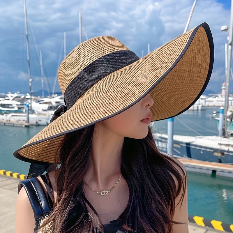 Chic Wide Brim Straw Sun Hat for Women - Summer Beach & Travel Cap with Adjustable Drawstring, Breathable Paper Material