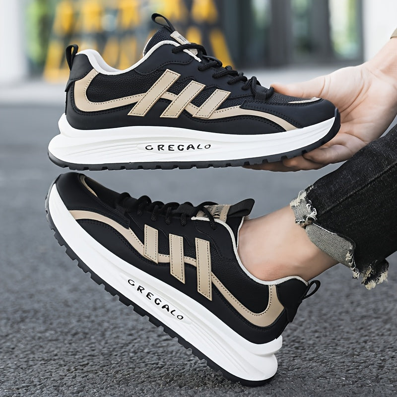 1 Pair of Men's Casual Sneakers, Comfortable Slip-Resistant, Black & Beige Low-Top Shoes for Casual Attire, Trendy Street Style with Fabric Lining and Durable PVC Sole
