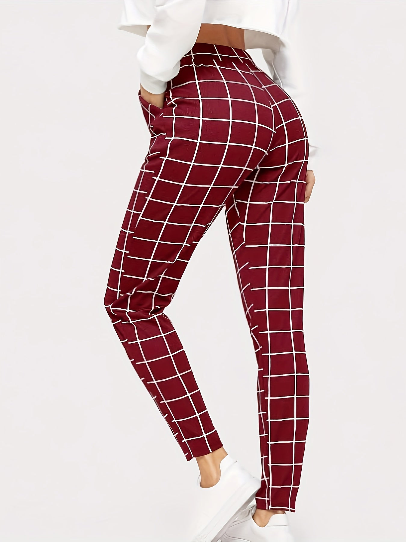 Plaid Print High Waist Pants Elegant Straight Leg Slants Pockets Pants, Women's Clothing