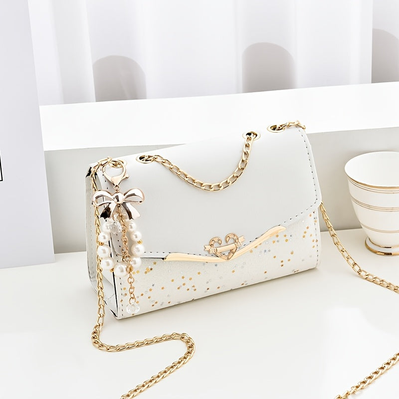 Women's Glitter Crossbody Bag with Accents & Detachable Chain Strap - Small Square Shoulder Bag, Magnetic Closure, Golden-Tone Hardware, White//Red/Black for Casual & Formal Occasions, Crossbody Purse, Versatile Accessory, Ev