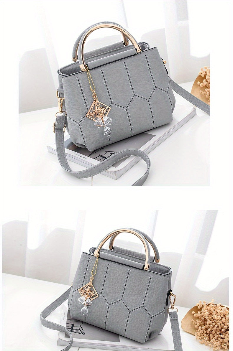 2025 New Women's Geometric Hexagon Pattern Crossbody Bag with Adjustable Strap & Golden-Tone Hardware - Zipper Closure, Polyester Lining, Multiple Colors (Khaki/Dark Gray/White/Pink/Red/Black) - Versatile for Casual & Formal