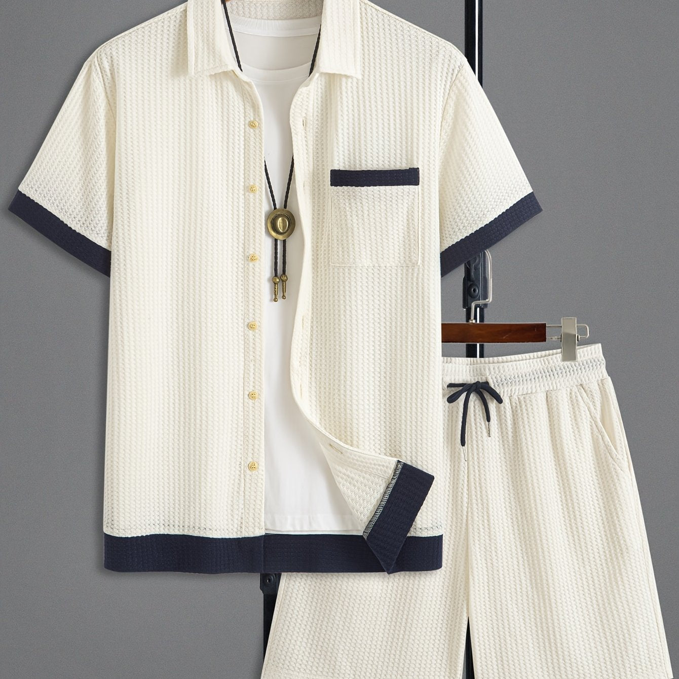 Men'S Casual Fashion Two-Piece Set Featuring a Short-Sleeve Open-Collar Solid Color Spliced Shirt Paired with Solid Color Drawstring Shorts, Made from Soft, Breathable, High-Quality Knitted Textured Fabric, Offering a Trendy