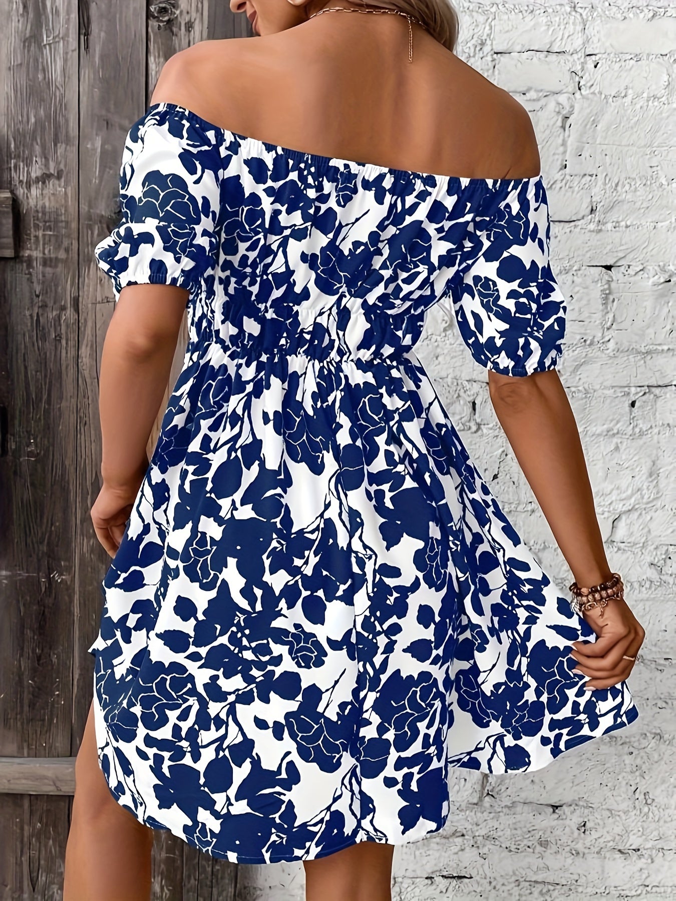 Leaves Print Off Shoulder Aline Dress, Vacation Style Short Sleeve Swing Dress For Spring & Summer, Women's Clothing