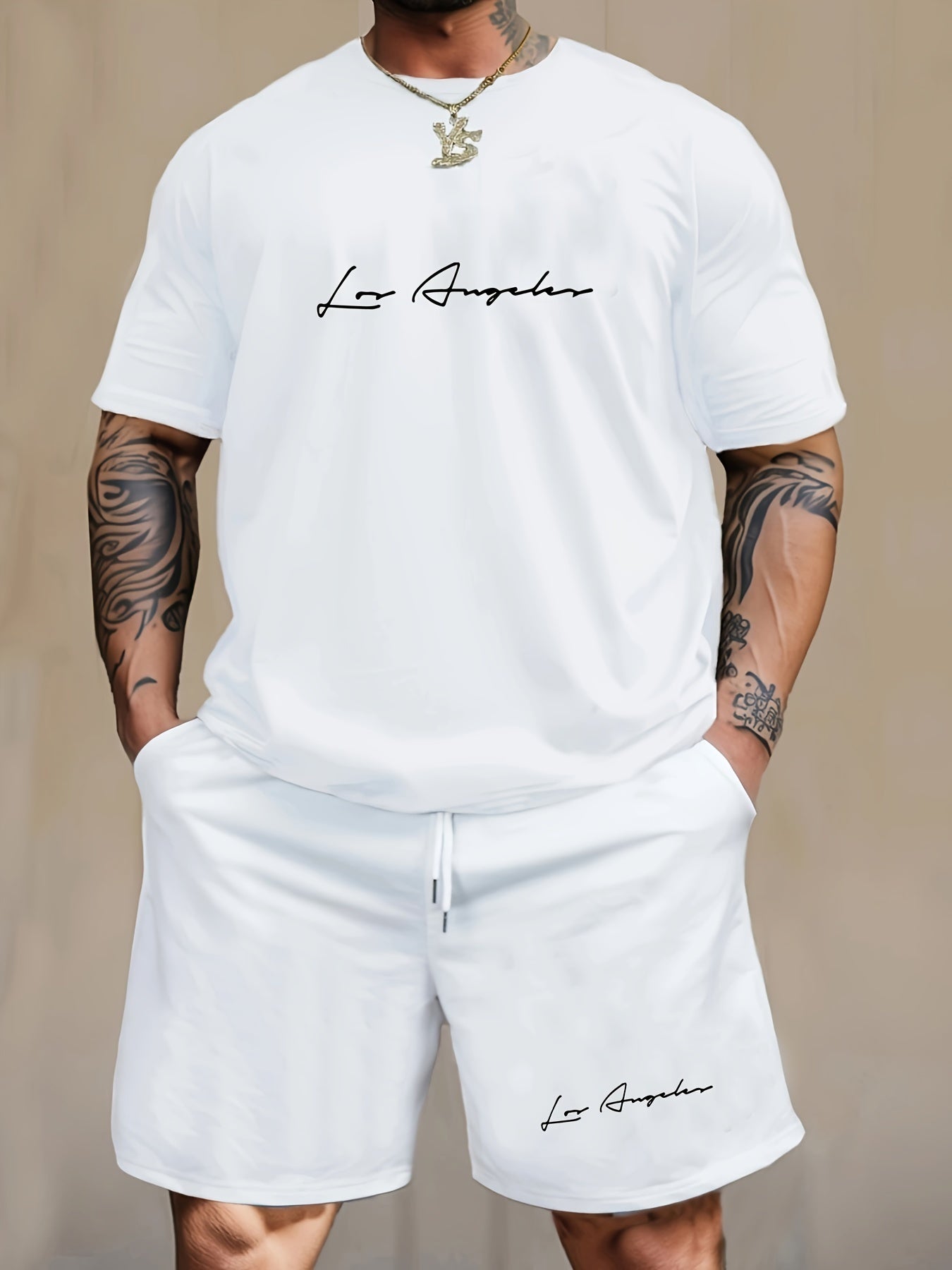 Men'S Casual 2pcs Set, Los Angeles Print, Short Sleeve Crew Neck T-Shirt & Knee-Length Shorts, Polyester & Spandex Blend, Comfortable Home Wear, All-Season Knit Fabric with Pockets, Regular Fit