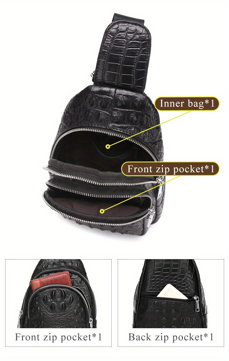 SCHLATUM Genuine Leather Crocodile Pattern Sling Bag - Black, Large-Capacity Multifunctional Crossbody Backpack for Travel, Sports & Camping, Stylish Zipper Closure Design