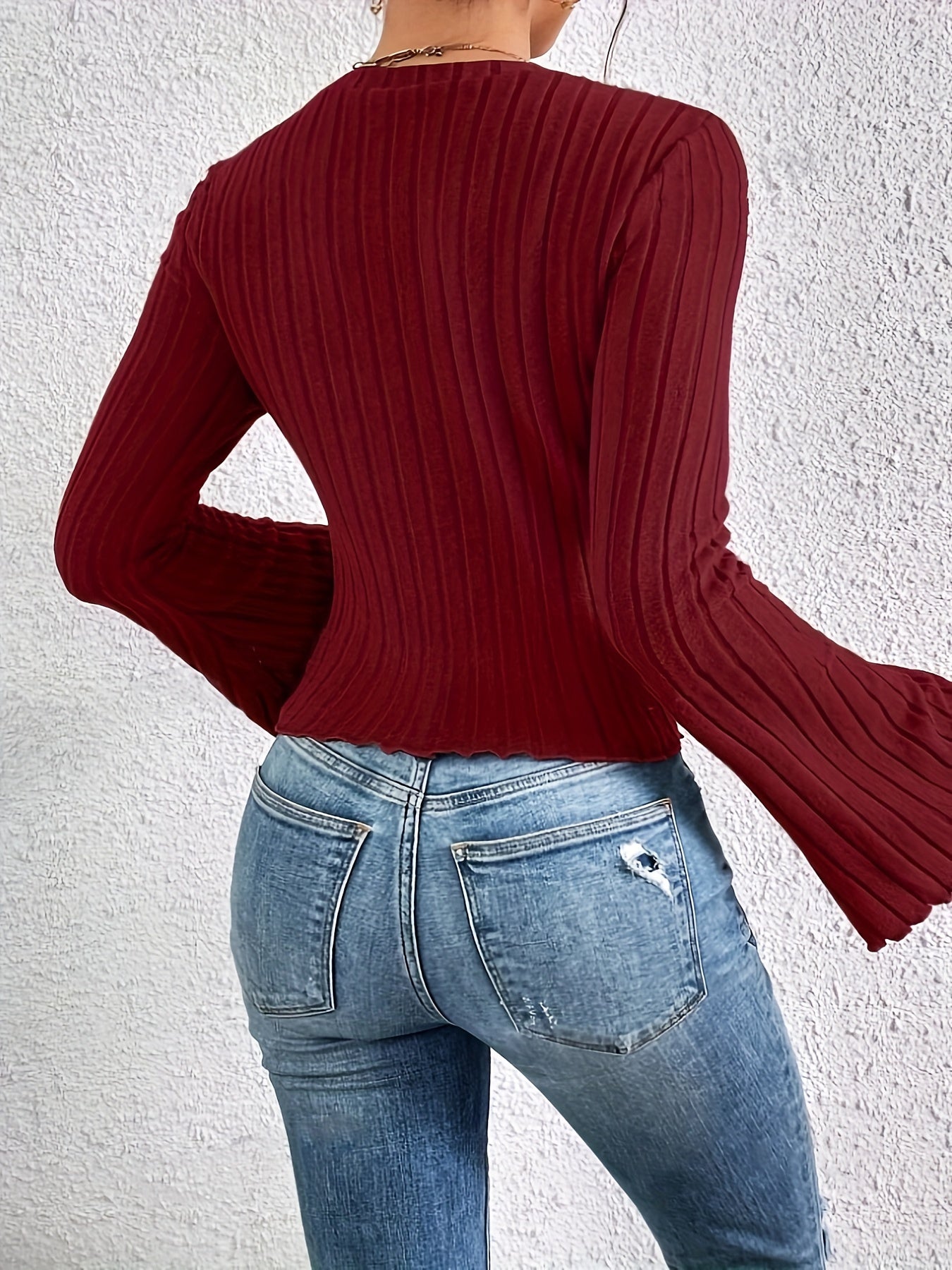 1pc French Style Ribbed T-Shirt for Women, Long Sleeve with Flounce Detail, Solid Color, Round Neck, Regular Length, Polyester Knit Fabric, Perfect for Spring/Autumn Season