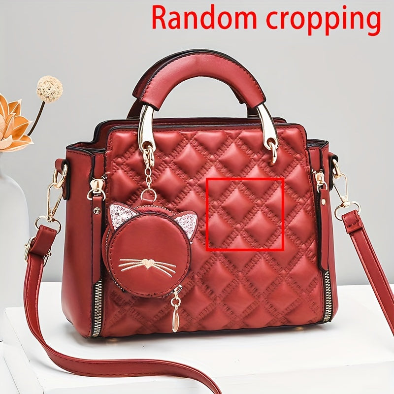 Women'S Fashion 2023 Embroidered Cat Design Messenger Bag, Removable Strap, Zipper Closure, Polyester Lined, Casual Shoulder Handbag with Edge Paint Detail