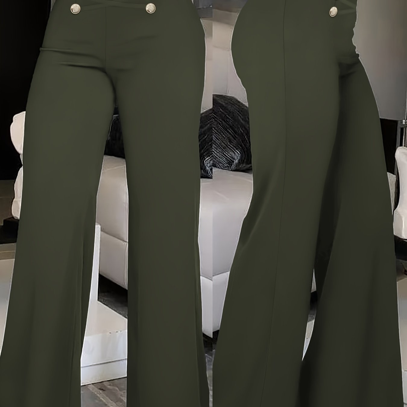 Elegant Double-Breasted Waistband Casual Pants, Solid Color, Polyester, Machine Washable - All Seasons, Queen Style, High-Grade Design
