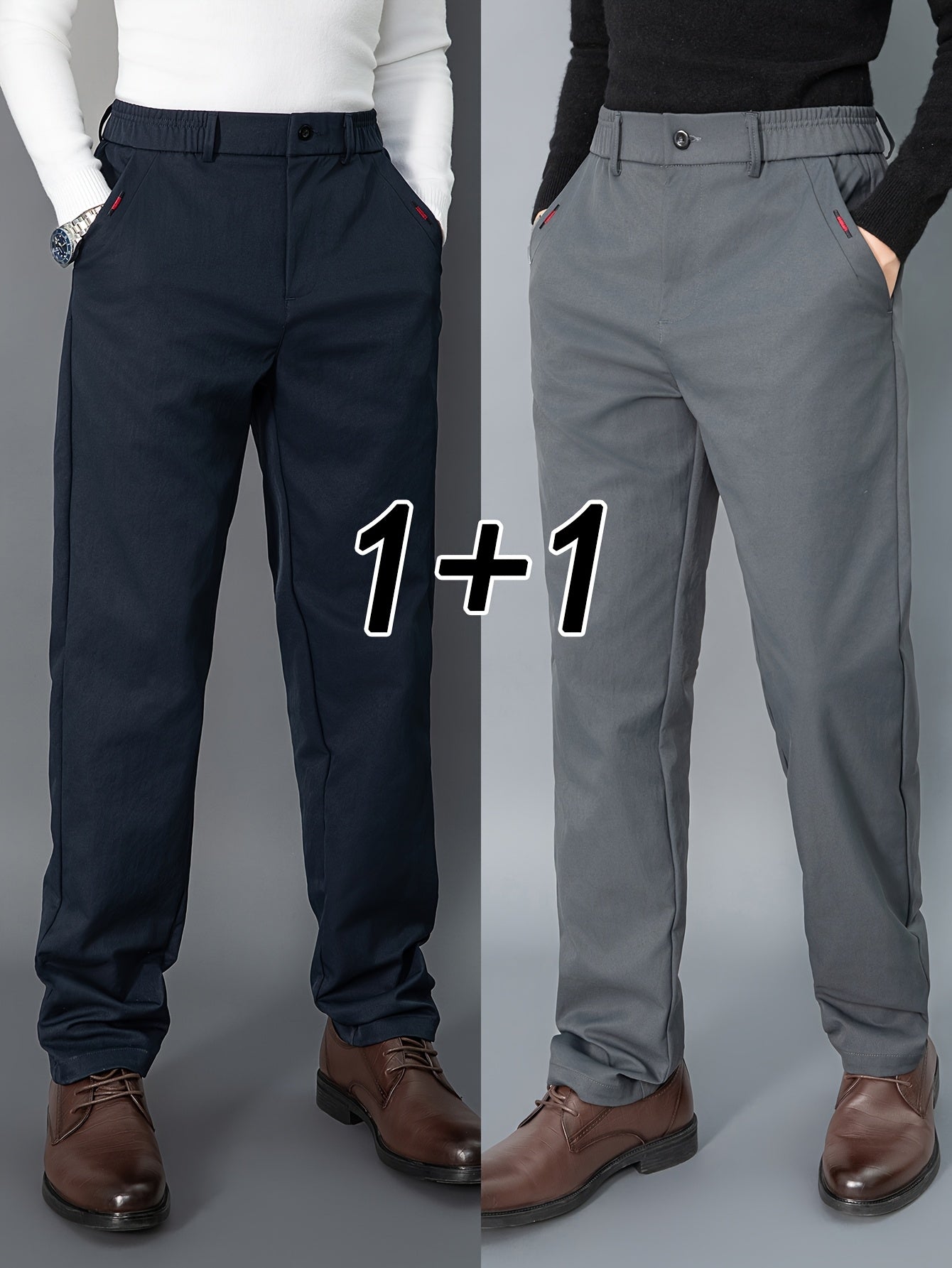2pcs Men's Light Business Casual Pants - Straight Leg Dress Trousers, Lightweight & Comfortable for Office and Casual Attire, All Seasons, Navy Blue & Black, Polyester Fabric, Machine Washable, Versatile Dress Trousers | Styl