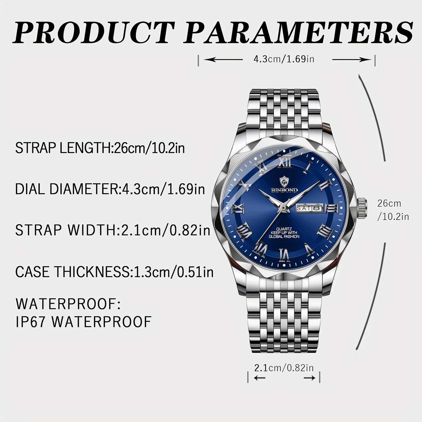 BINBOND Men'S Quartz Watch - Waterproof, Stainless Steel, Luxury Business Style with Stopwatch & Date Display, Blue & Silvery Dial, Electronic Movement, IP67 Rating, Elegant Male Wristwatch for Professional or Casual Wea