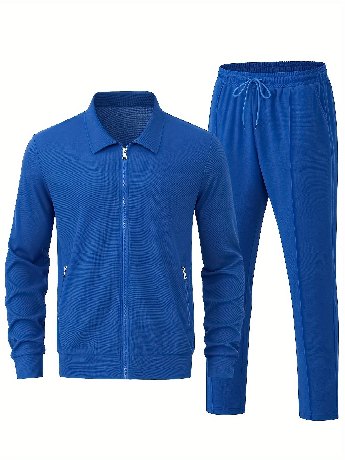 Men's Solid Waffle 2pcs Athletic Outfits, Zip-up Jacket & Pants co ord set for Outdoor Sports