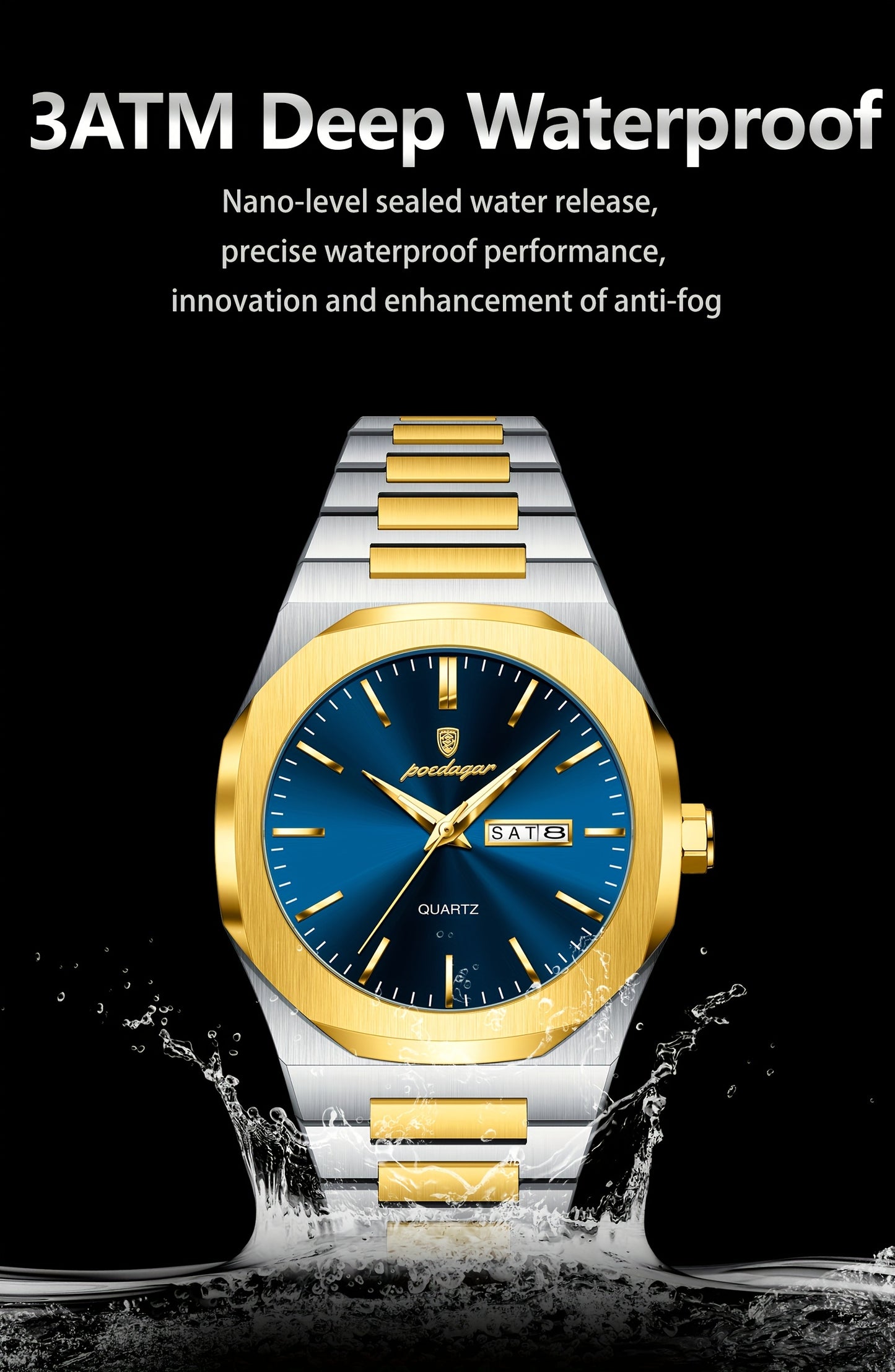 POEDAGAR Men'S Luxury Quartz Watch - Waterproof, Luminous Calendar, Stainless Steel Band, Business Style, Blue & Golden Accents, 3ATM, Non-Rechargeable Button Battery, Perfect for Spring Festival & Valentine'S Day Gifts