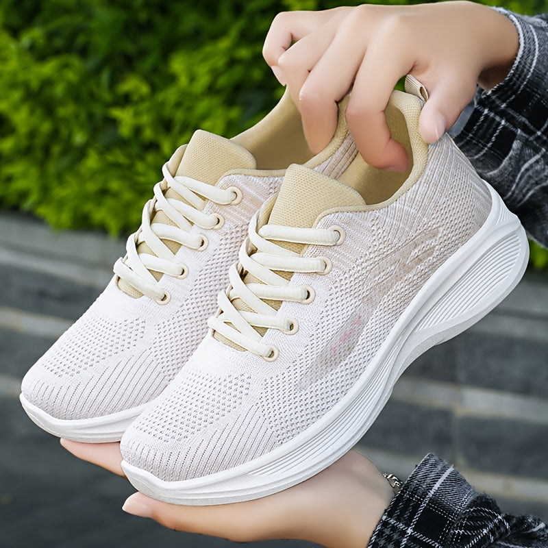 Breathable Mesh Casual Sneakers for Women - Lightweight Low-Top Lace-Up Shoes with Flexible PVC Sole, Neutral Beige, Perfect for Everyday Spring Wear, Breathable Athletics | Mesh Sneakers | Comfortable Fit