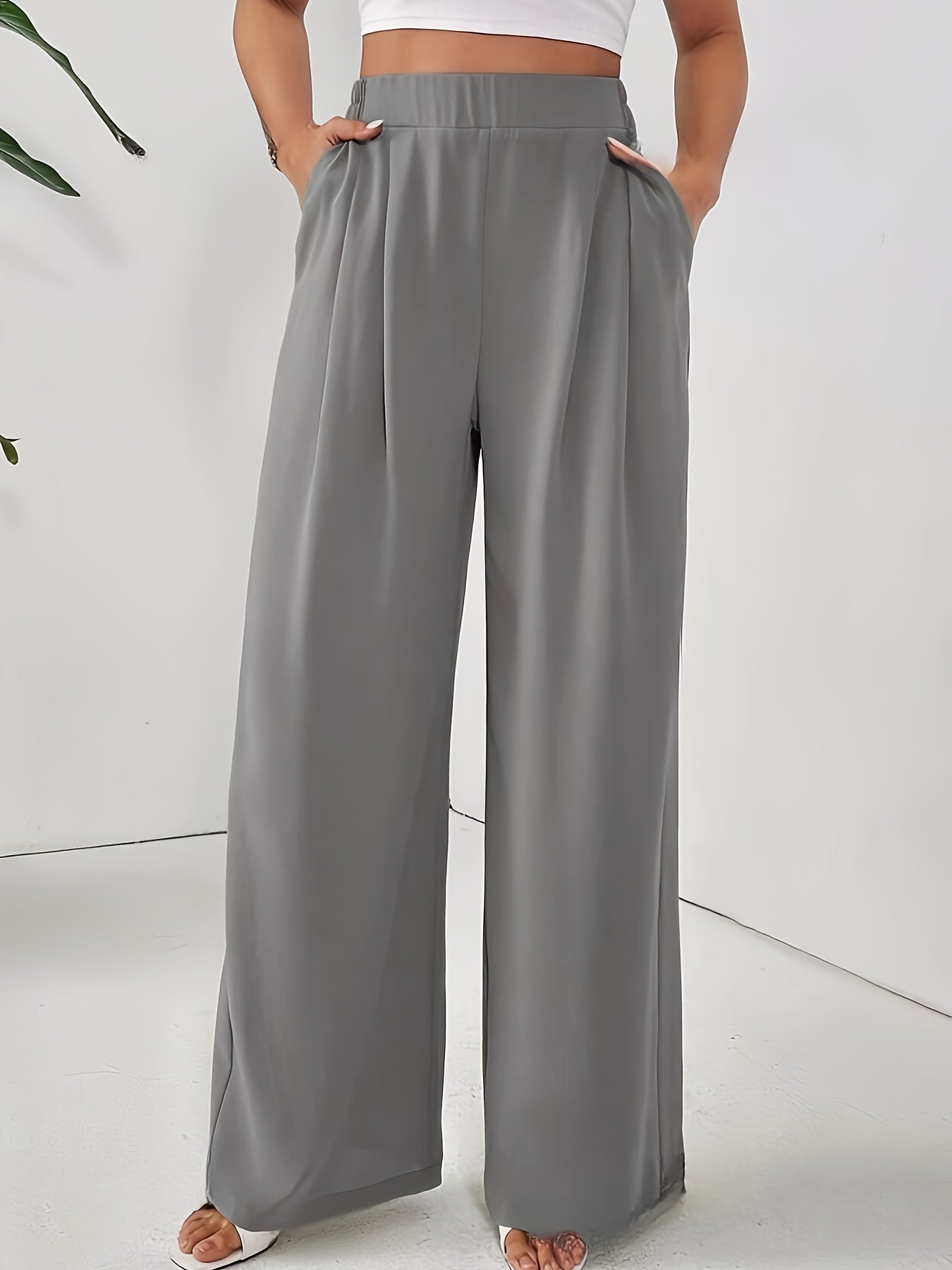 Women'S Stylish Gray Wide Leg Pants with Elastic Waistband and Double Pockets - Perfect for Office, Commuting, or Casual Wear