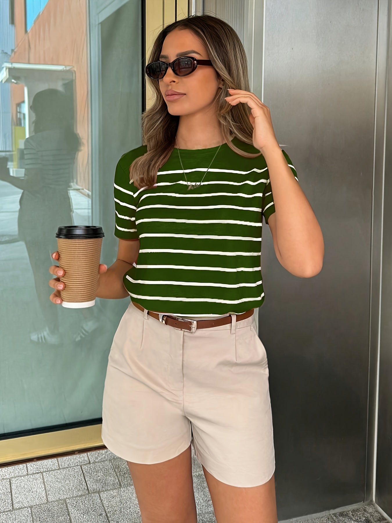 Women'S Y2K Green & White Striped T-Shirt - Casual, Versatile Top for Spring/Summer, Short Sleeve, Round Neck, Casual Attire | Casual Style | Glossy Finish