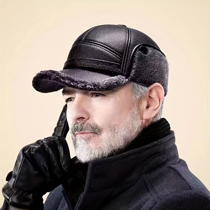 Street Style Men's Winter Cap with Ear Warmers, Faux Leather Earflap Hat for Elderly, Warm Duckbill Cap for Cold Weather