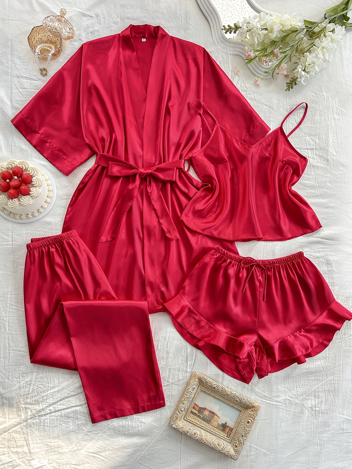 Women'S All-Season V-Neck Pajama Set - Comfortable, Sexy, Polyester 4pcs Sleepwear with Tie Waist And Drawstring Shorts, Perfect for Autumn And Winter, Autumn Winter Sleepwear | Stylish Sleepwear | Polyester Fabric