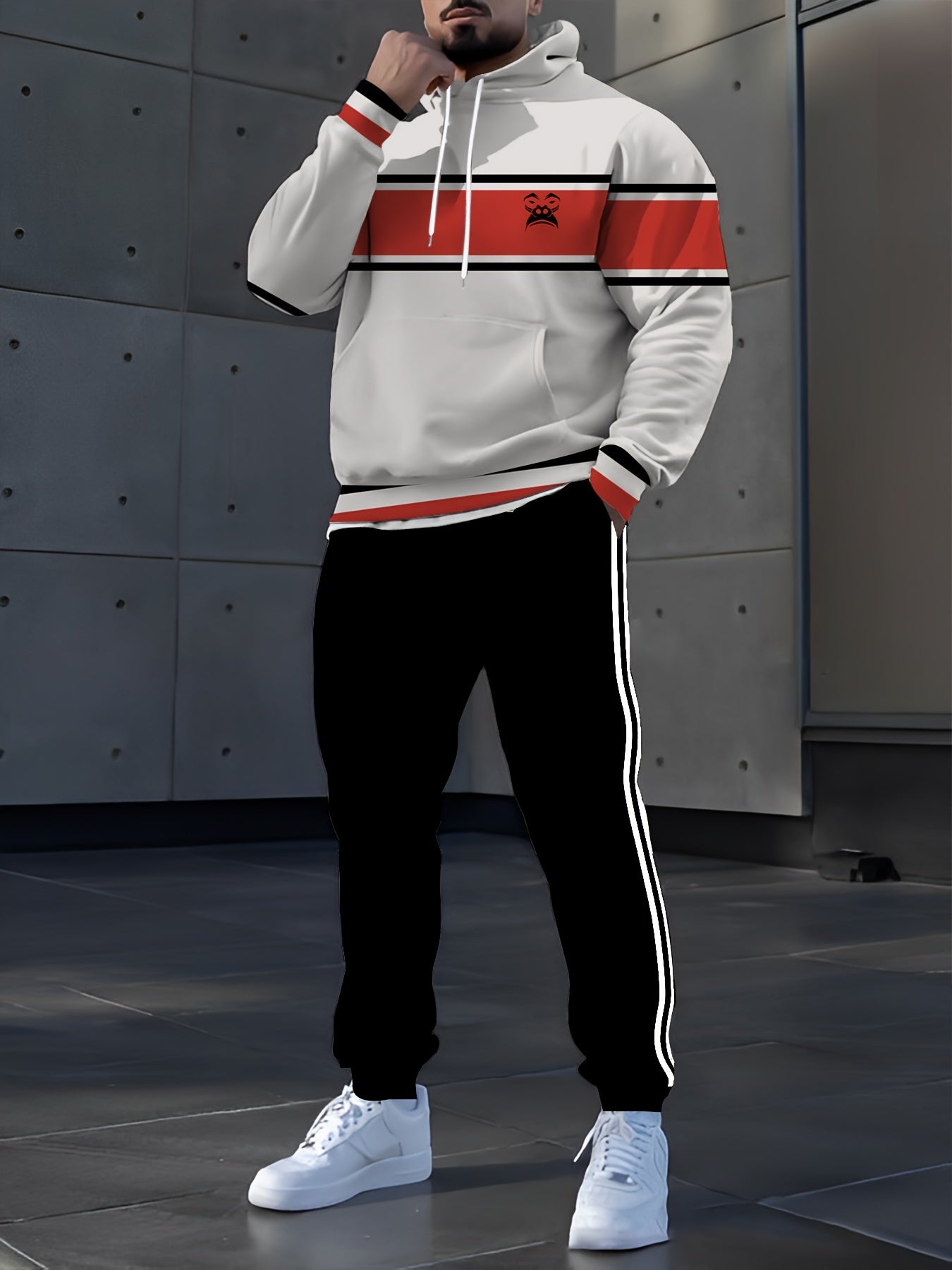 Men's Casual Digital Print Hoodie & Sweatpants Set - Polyester, Machine Washable, Perfect for Spring/Fall Outings