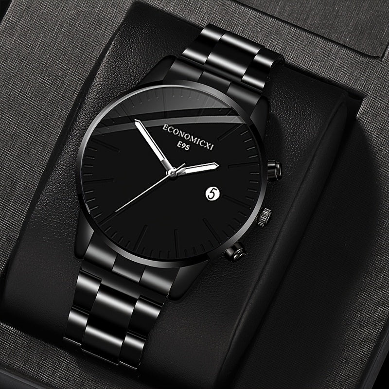 1pc Men's Quartz Watch - Cool & Handsome Retro Business Style with Black Dial, Roman Numerals, Date Window & Minimalist Design - Perfect Gift for Father's Day, Birthdays, Eid Al Adha (Durable Metal/ Strap), Special Occasion W