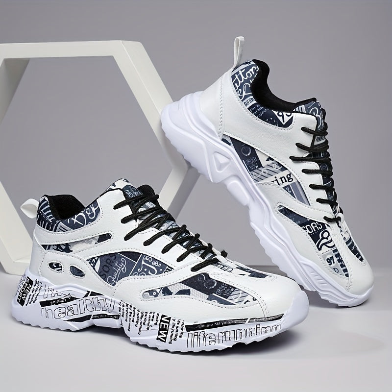 Men'S & Women'S Graffiti Couple Sneakers, All-Season Lightweight Cushioned Running Shoes, Stability Pronation, Cartoon Pattern, MD Sole, EVA Insole, Polyurethane Upper, Fabric Lining