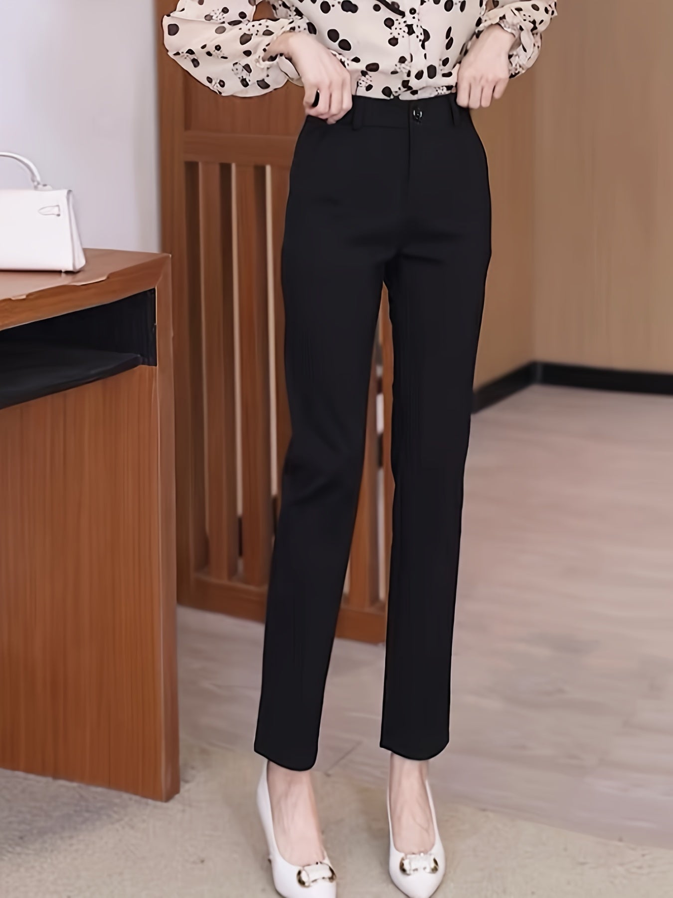 Women'S High-Waisted Straight-Leg Trousers, Casual Style, Solid Color, Polyamide 50% Viscose 50% Elastane 8%, Woven Fabric, 300g/m², Button Detail, Suit Pants for Work and Leisure - Black