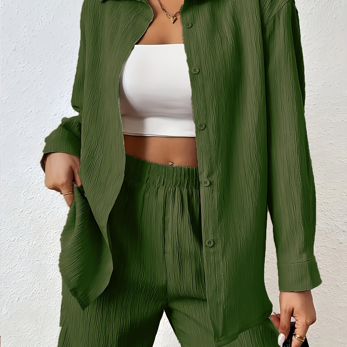 Women'S Casual Solid Color Long Sleeve Shirt + Long Pants 2pcs Set for Spring And Autumn.