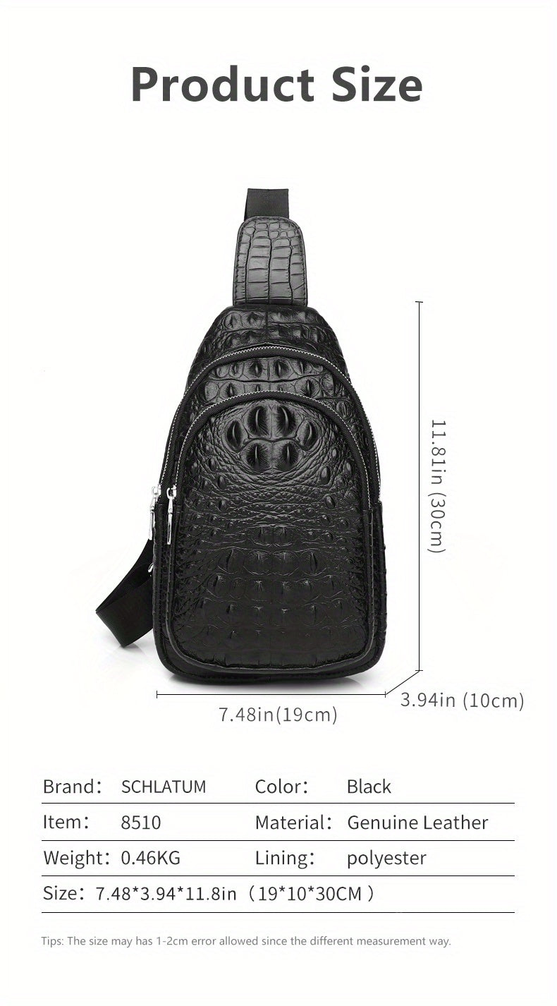 SCHLATUM Genuine Leather Crocodile Pattern Sling Bag - Black, Large-Capacity Multifunctional Crossbody Backpack for Travel, Sports & Camping, Stylish Zipper Closure Design