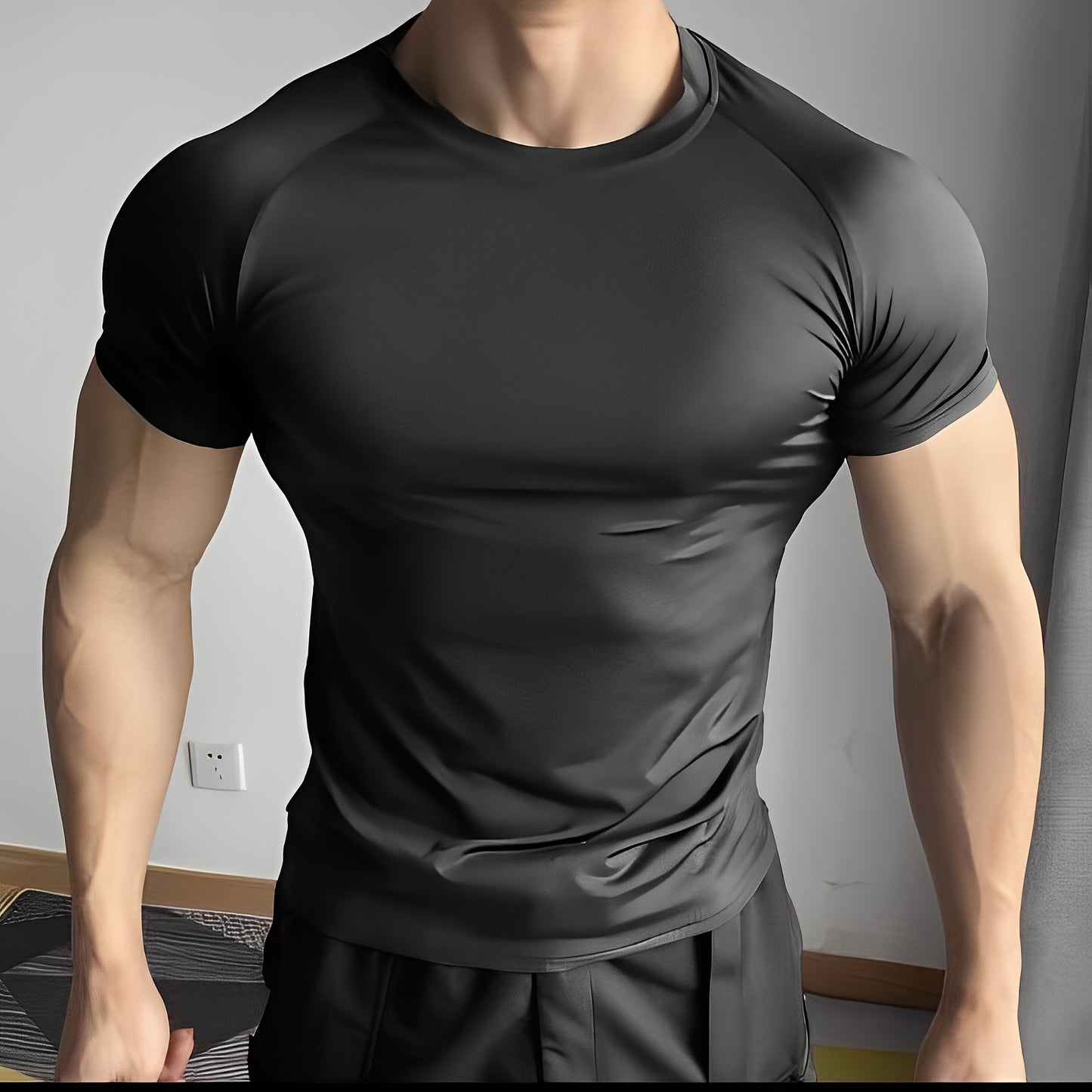 Men's Quick-Dry Athletic T-Shirt - Stretchy, Breathable Polyester, Short Sleeve, Round Neck, Black, Gym & Running Workout Essential, Sports Clothing | Sleek Athletic Tee | Breathable Fabric, Workout Clothes