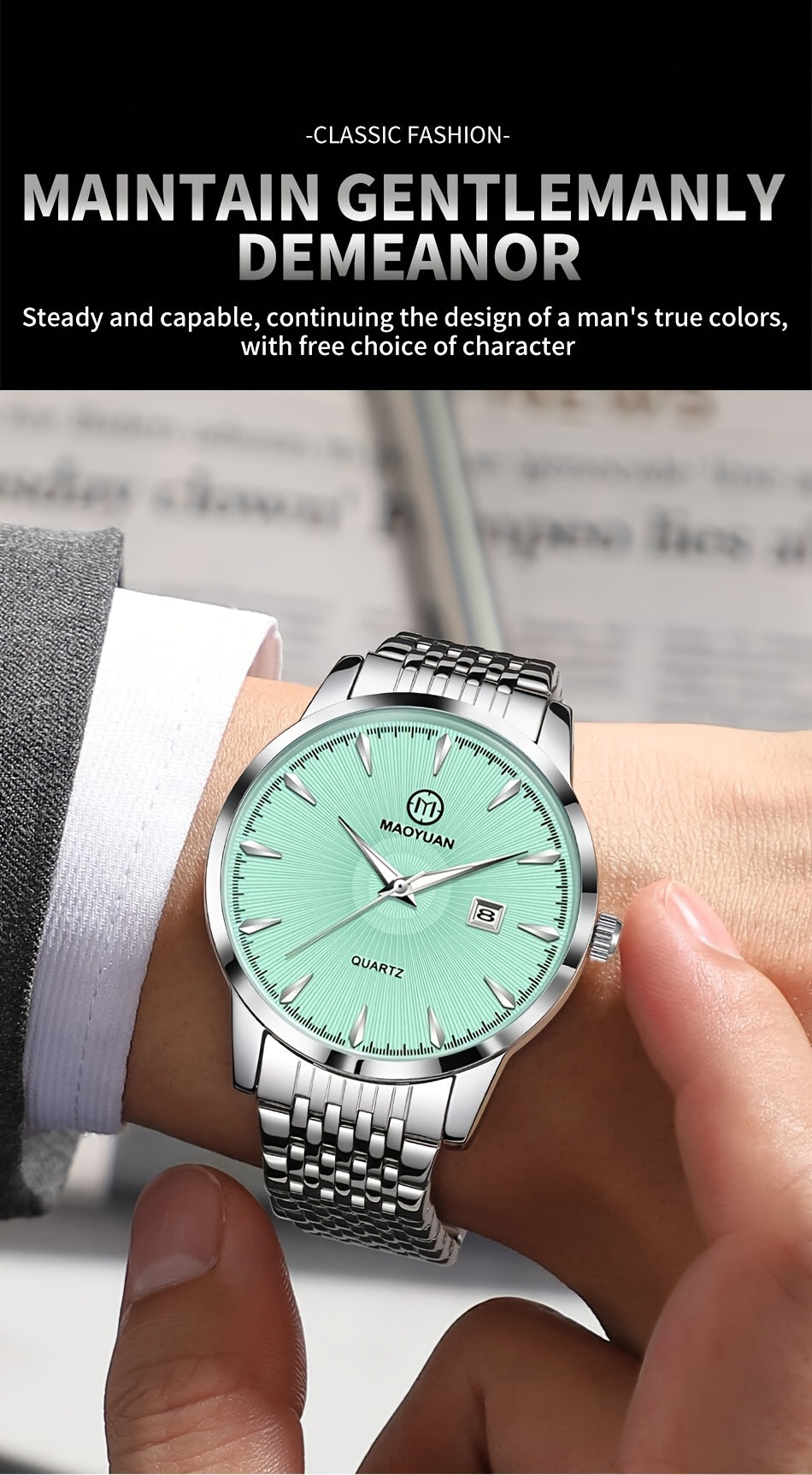 MAOYUAN Men'S Luxury Stainless Steel Quartz Watch with Date Display and Luminescent Hands - Elegant Green Dial, Metal Bracelet, Perfect for Business and Casual Attire, Ideal Gift for Men, Casual Watch | Elegant Watch | Quartz