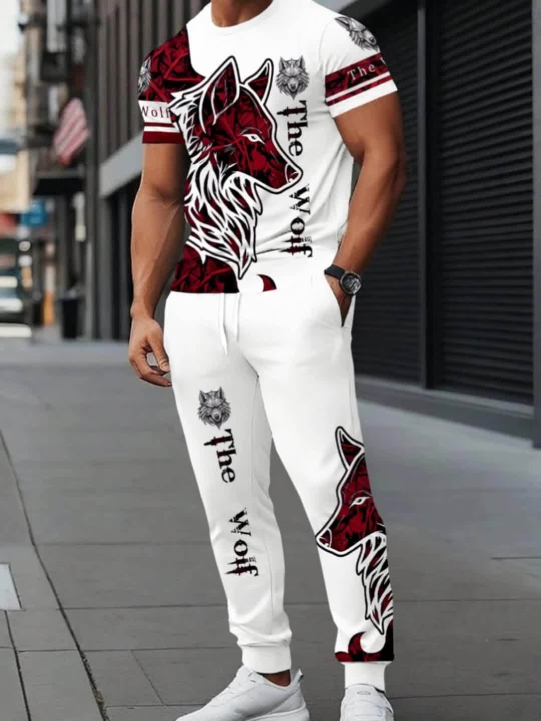 Men's polyester sportswear | Elegant and casual round neck with a Wolf head | Slightly elastic knitted strap with 3D printing | 2pcs set with normal style | Patterned short-sleeved T-shirt and trousers