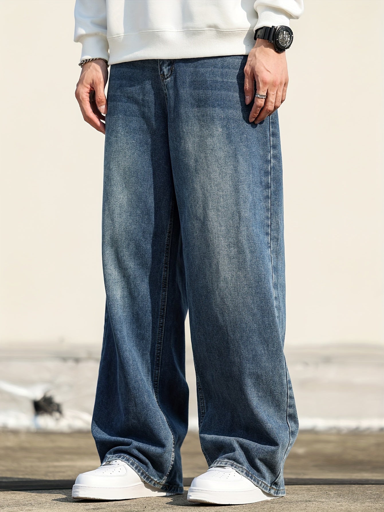 Men'S Casual Loose Fit Wide Leg Denim Jeans, Cotton Blend, Non-Stretch, Solid Color, with Pockets, for All-Season Wear, Fashionable Street Style Trousers