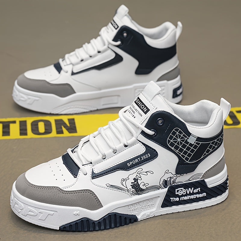 Men's High-Top Skate Sneakers - Comfortable, Non-Slip Casual Shoes for Outdoor Walking & Jogging, Stylish Striped/Solid Design, Lace-Up, All Seasons