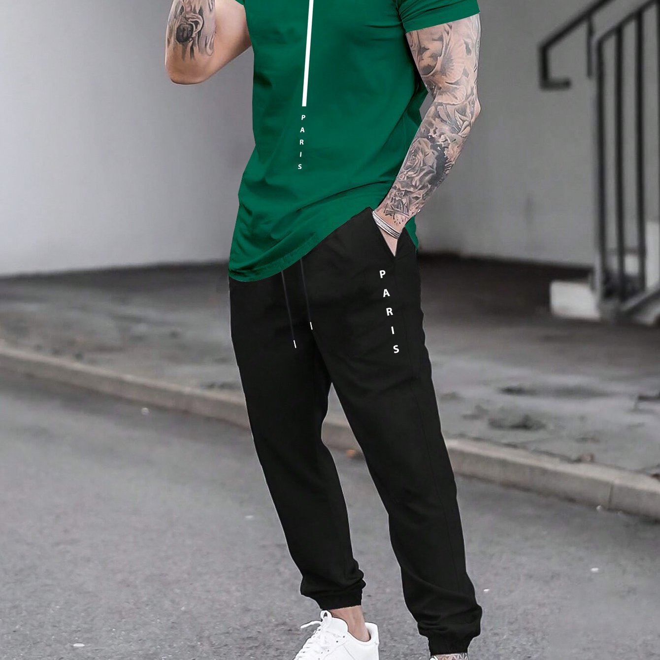 1set Men'S Casual Sportswear Set, Geometric Pattern Short Sleeve T-Shirt and Drawstring Joggers, Knitted Polyester and Elastane Blend, Round Neck, Regular Fit, Four Seasons Outfit
