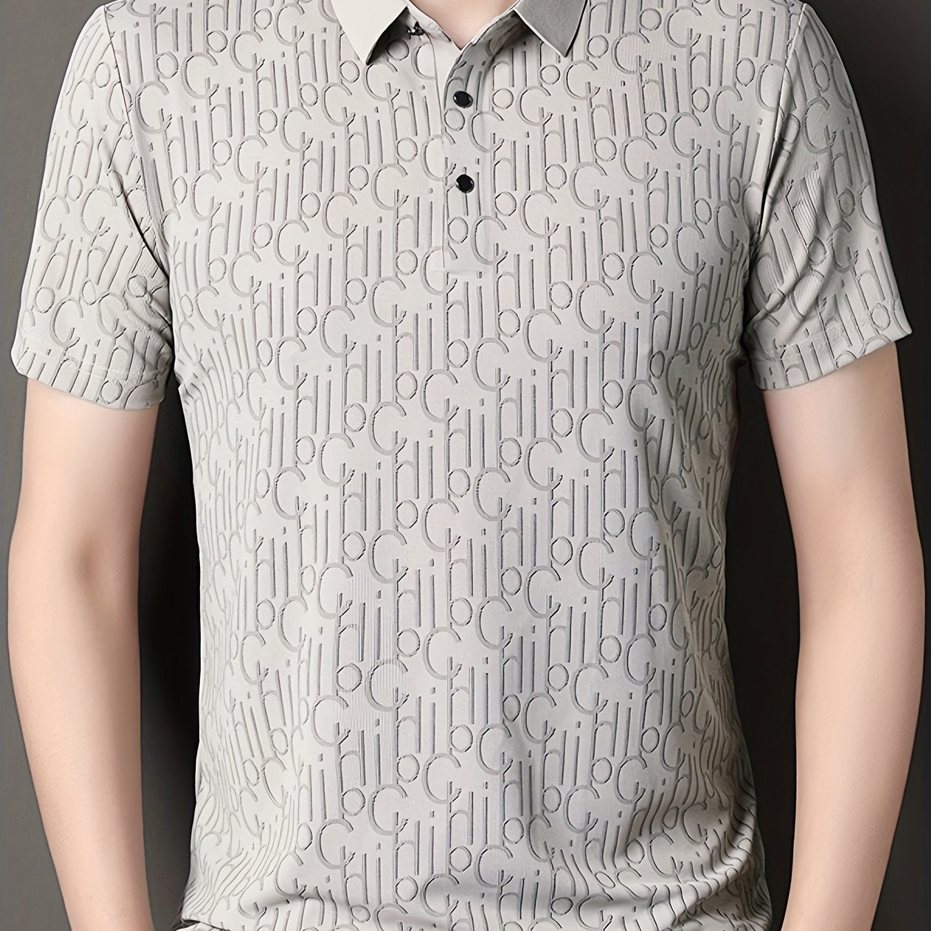 Men'S Casual Summer Short Sleeve T-Shirt with "Gil" Letter Print, Light Gray, Button-Up Collar, Medium Stretch Fabric, Regular Fit, Perfect for Weekend Outings, Relaxed Outing Shirt | Letter Print Tee | Medium Stretch Fabric