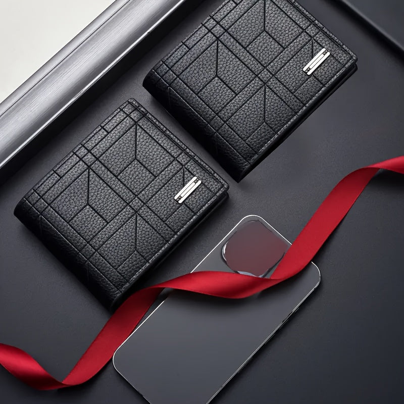1pc Stylish Men’s Synthetic Leather Wallet with Multiple Card Slots – Black Geometric Design, Perfect for Business & Daily Use, Ideal Christmas Gift for Him