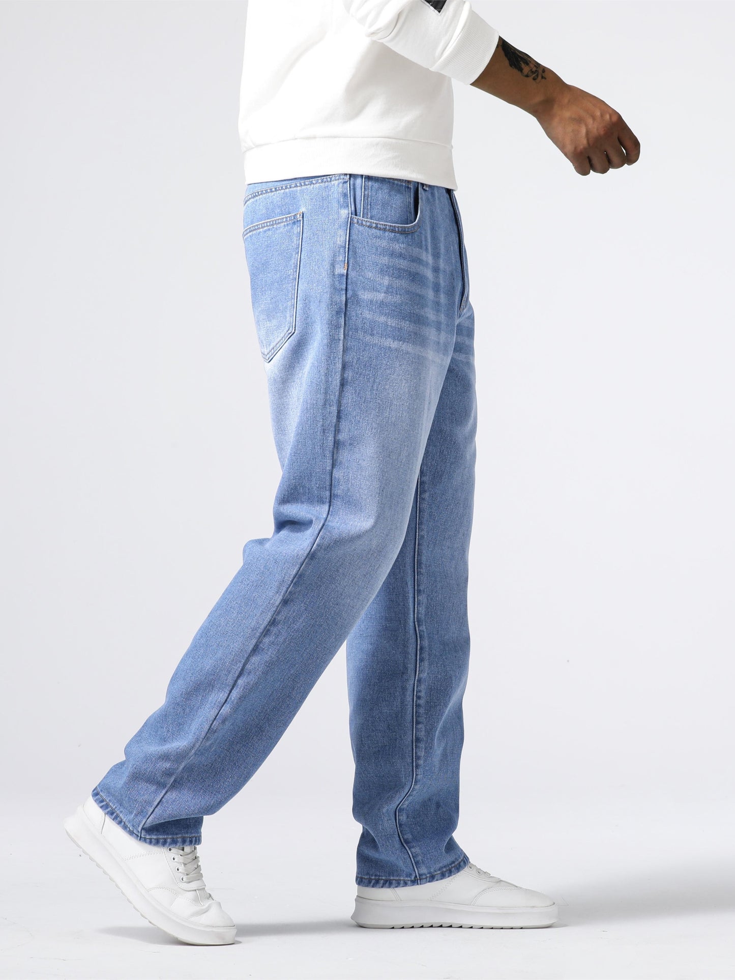 Men'S Loose Fit Straight Leg Jeans, Cotton 85% Polyester 15% Denim, Washed Solid Color Casual Style