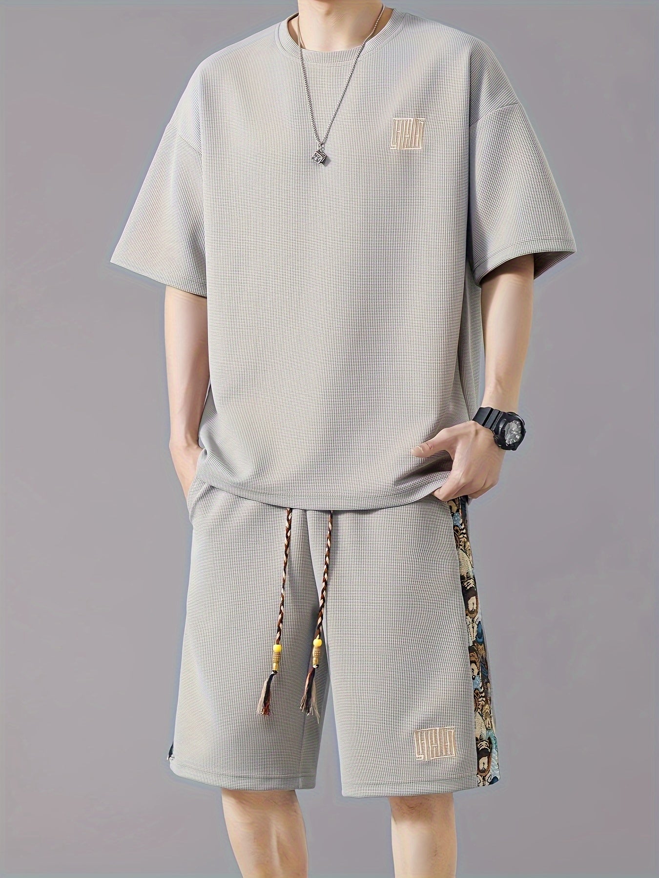 Men's Summer Casual Fashion Set: Embroidered Loose-Fit T-Shirt & Shorts - Breathable Polyester Blend, Non-Stretch Fabric, Pineapple, Sports Set