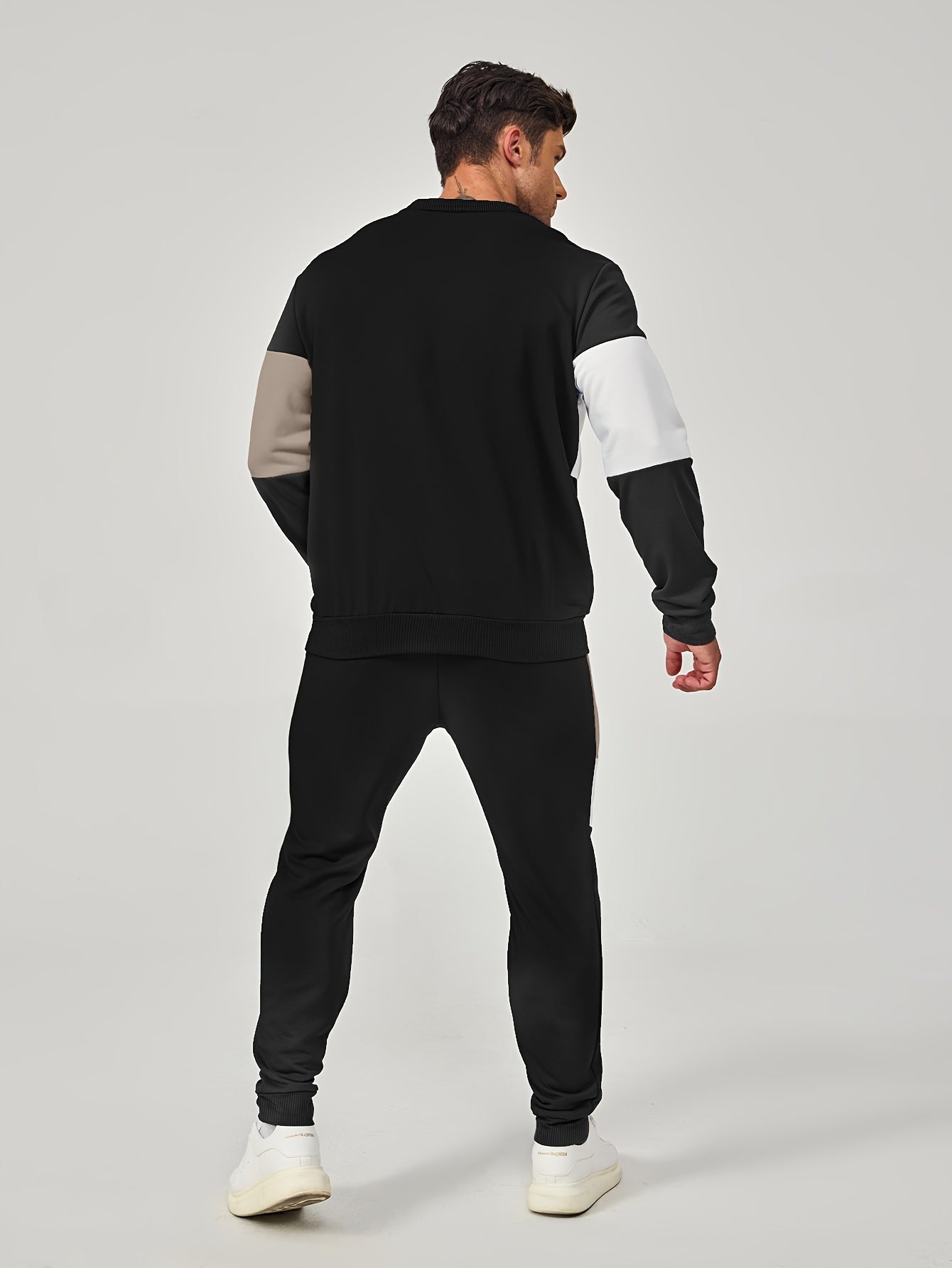 Men's Casual Crew Neck Sweatshirt & Joggers Set - Color Block, Polyester Blend, Machine Washable - Perfect for Spring/Fall, Leisure Style, Conventional Version, Spring/Autumn